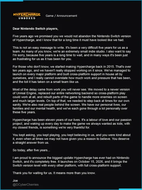 Hypercharge unboxed major update(switch version to par with other versions, crossplay, story mode +more, Oct 15; new low sale, 3DOarmy men inspired)