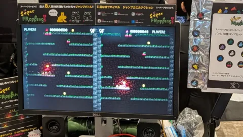 止まれないカエルを操るジャンプアクション「Super Froppings」。どちらが上の階まで行けるかを競う2人対戦を試遊［OIGS2026］