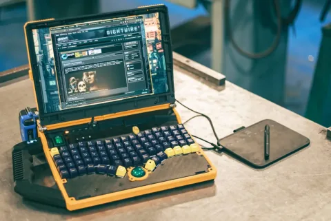 Modder Builds "Slurptop" Cyberdeck with Full Height Keyboard, Swappable Tool Batteries, and Trackball