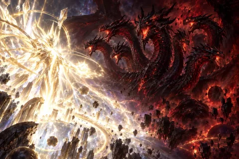 AI-reconstructed illustration — Anu and the seven-headed Tathamet confronting each other in the primordial void.
