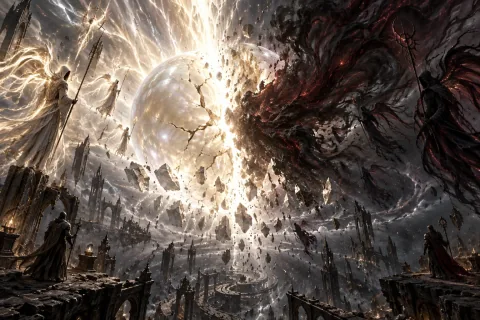 AI reconstructed illustration: Anu, the giant radiant pearl, violently splitting in the primordial abyss, expelling a storm of pitch-black darkness.