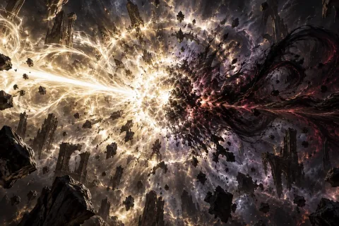 AI reconstructed illustration: The catastrophic explosion of absolute light and darkness as Anu and Tathamet mutually destroy each other.