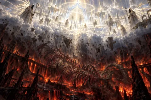 AI reconstructed illustration: The radiant Crystal Arch forming the High Heavens above, while Tathamet's rotting corpse becomes the Burning Hells below.