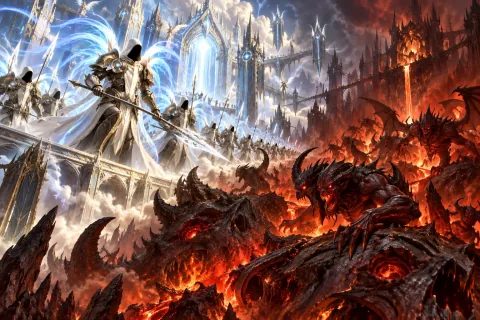 AI reconstructed illustration: Faceless angels with energy wings emerging from holy light, contrasted with grotesque demons rising from hellfire.