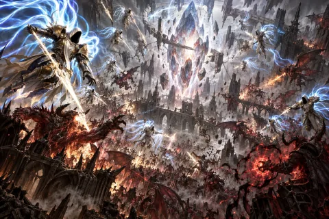 AI reconstructed illustration: The chaotic battlefield of Pandemonium where angels and demons clash violently around the glowing Worldstone.