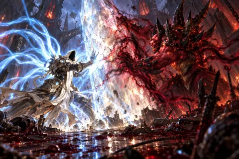 AI reconstructed illustration: An Archangel and a Prime Evil desperately fighting to control the massive, flickering Worldstone in the Pandemonium Fortress.