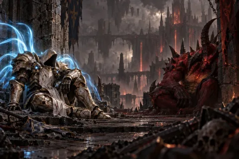 AI reconstructed illustration: A weary angel and a scarred demon sharing a silent, exhausted glance amidst the ruins of Pandemonium, hinting at rebellion.