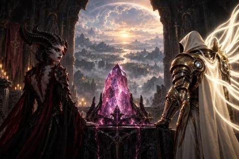 AI-reconstructed illustration — Lilith and Inarius attempting to hide the new Sanctuary under the light of the Worldstone.