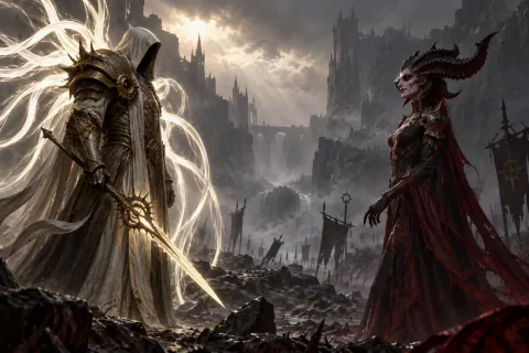 AI reconstructed illustration: Inarius and Lilith meet in a misty canyon, lowering their weapons in a silent pact.