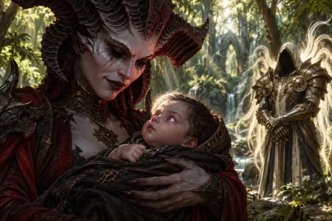 AI reconstructed illustration: Lilith proudly cradling the infant Nephalem Rathma in a lush forest, while Inarius watches with unease.