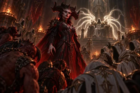 AI reconstructed illustration: A furious Lilith confronting the terrified renegade angels and demons in a dimly lit temple.