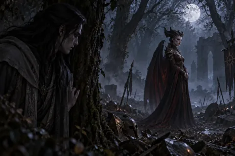 AI reconstructed illustration: Adult Rathma watches his mother Lilith with sorrow in a moonlit forest after the renegades’ disappearance.