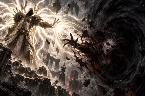 AI reconstructed illustration: Inarius banishing a screaming Lilith into the dark void with a swirling vortex of light.