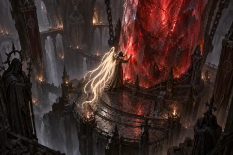 AI reconstructed illustration: Inarius alone in Mount Arreat, manipulating the massive Worldstone to suppress the Nephalem's power.