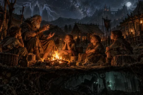 AI reconstructed illustration: A human village elder telling myths to children by a campfire, unaware of their true Nephalem origins.