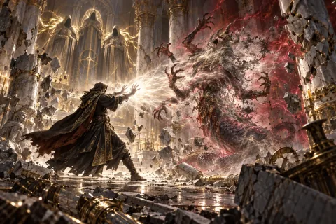 Ilustrasi yang direkonstruksi AI: Uldyssian menghapus keberadaan iblis Lucion di dalam kuil Triune.