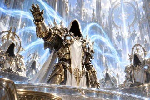 Ilustrasi yang direkonstruksi AI: Malaikat Agung Tyrael memberikan suara penentu untuk mengampuni umat manusia di Surga Tinggi.