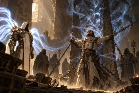 AI-reconstructed illustration — Tal Rasha, who became a prison himself to seal Baal, and Tyrael watching over him.