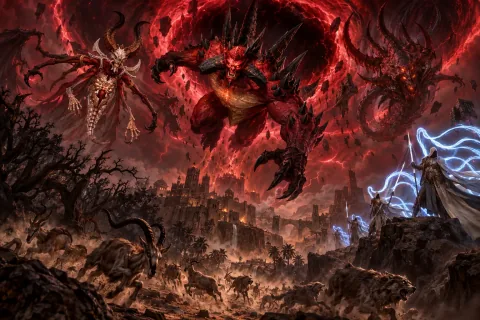 AI-reconstructed illustration: The three Prime Evils falling from a dark rift in the sky during the Dark Exile.