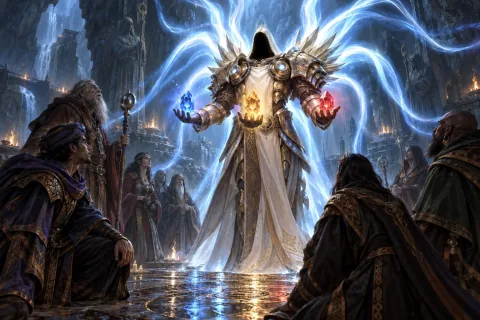 AI-reconstructed illustration: Archangel Tyrael revealing his true form of light to the gathered Horadrim mages.