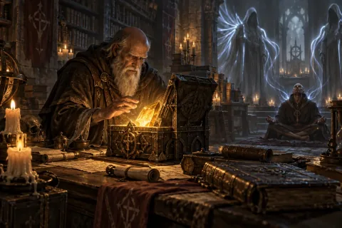 AI-reconstructed illustration: Horadrim scholars studying the Soulstones and practicing mental defense in a library.