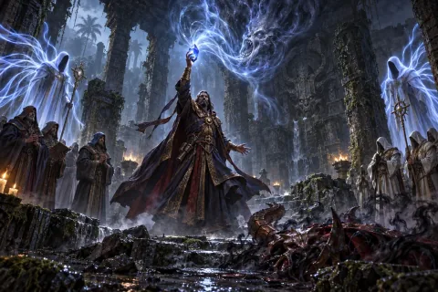 AI-reconstructed illustration: Tal Rasha sealing Mephisto's spirit into the blue Soulstone in Kurast.