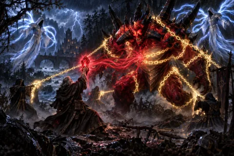 AI-reconstructed illustration: Jered Cain and the Horadrim sealing Diablo into the red Soulstone in Khanduras.