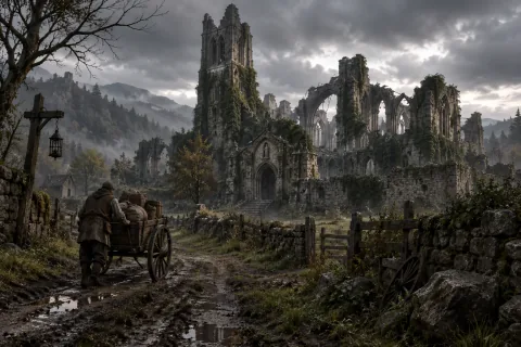 AI-reconstructed illustration: The ruined, forgotten Horadrim monastery of Tristram overgrown with ivy.
