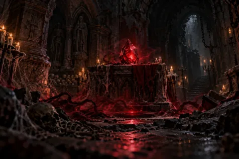 AI-reconstructed illustration: The red Soulstone pulsing with dark crimson light deep beneath Tristram.
