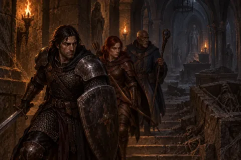 AI-reconstructed illustration — The Warrior, Rogue, and Sorcerer descending into the Tristram labyrinth.