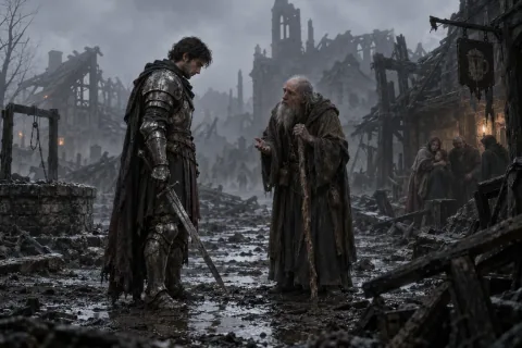 Aidan meets Deckard Cain in the ruined, foggy town square of Tristram.