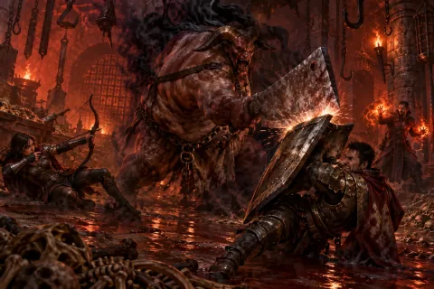 The heroes battle the terrifying Butcher in his blood-soaked chamber.