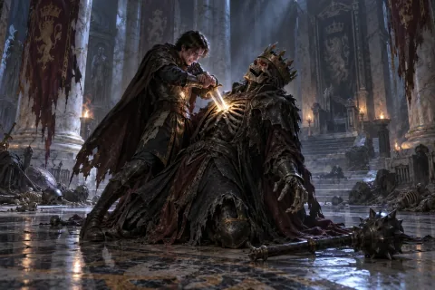 Aidan delivers the final blow to the Skeleton King, freeing his father's soul.