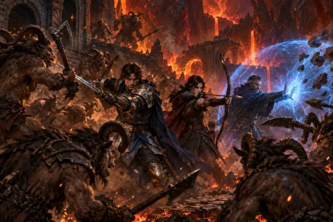The heroes fight off goatmen as they descend into the boiling volcanic caves.