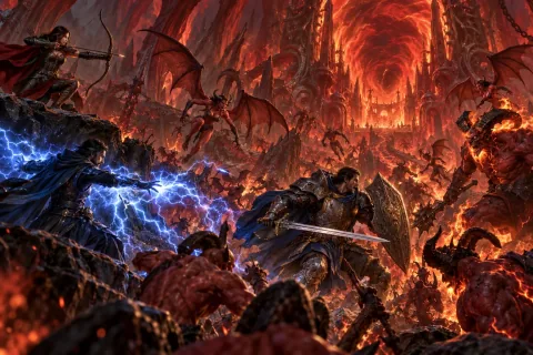 The three heroes stand at the threshold of Hell, facing a horde of demons.