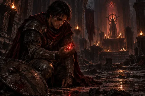 AI-reconstructed illustration — Aidan gazing at the red Soulstone, facing a heavy choice after victory.