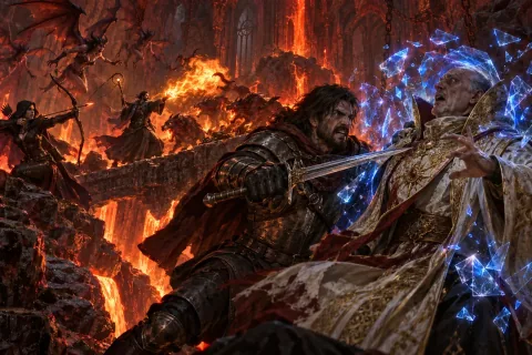 Aidan drives his sword into Archbishop Lazarus's chest as his magical barrier shatters in the lava-filled cavern.