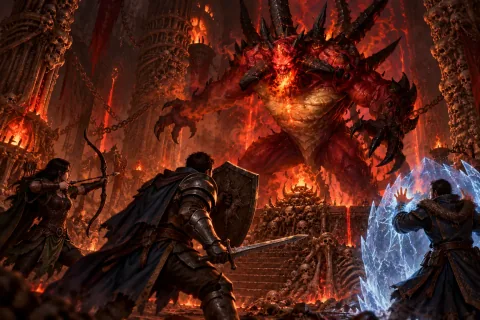 The three heroes confront the massive, red-skinned classic Diablo as he rises from a bone altar.