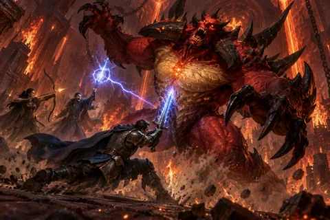 Aidan slides beneath Diablo's claws to drive his sword deep into the Lord of Terror's chest.