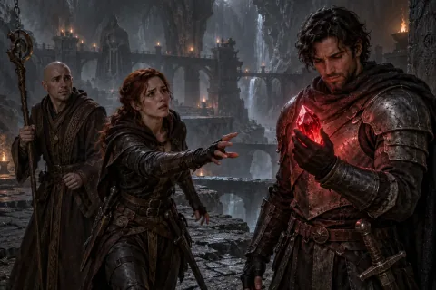 AI reconstructed illustration: Aidan examines the red soulstone at chest level while Moreina and Jazreth warn him anxiously.