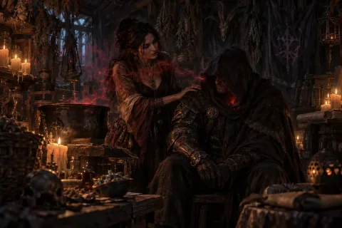 In Adria's dark hut, Aidan sits shrouded in a hood as the witch smiles knowingly beside him.