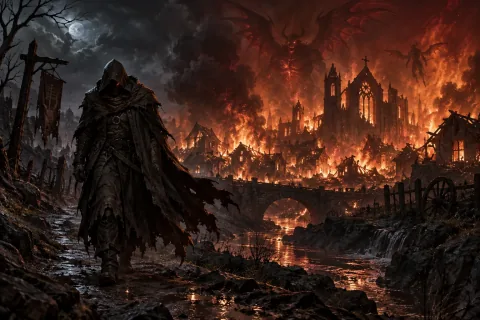 The Dark Wanderer walks away into the night as Tristram burns in ruins behind him.