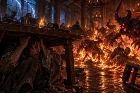 In a chaotic tavern, Marius cowers under a table as the Dark Wanderer unleashes hellish flames.