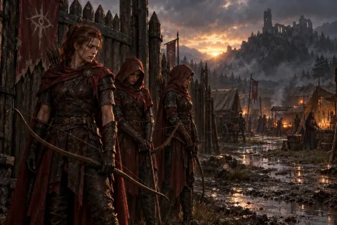 AI-reconstructed illustration — Sisterhood warriors looking at the ruined Monastery from the Rogue Encampment.