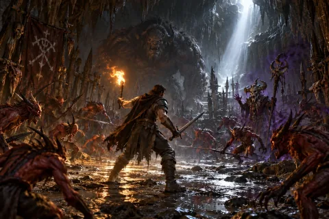 The hero purifies the Den of Evil as a beam of light cuts through the darkness.