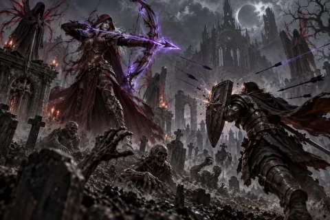 The hero confronts the corrupted Blood Raven in the misty Burial Grounds.