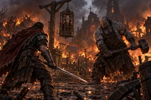 The hero rescues Deckard Cain from Tristram while facing the undead Griswold.