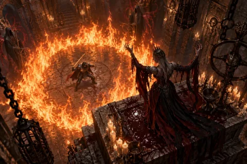 The hero battles the Countess amidst walls of fire in the Forgotten Tower.