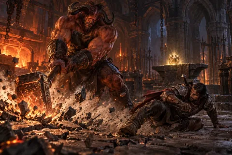 The hero retrieves the Horadric Malus from the giant demon blacksmith.