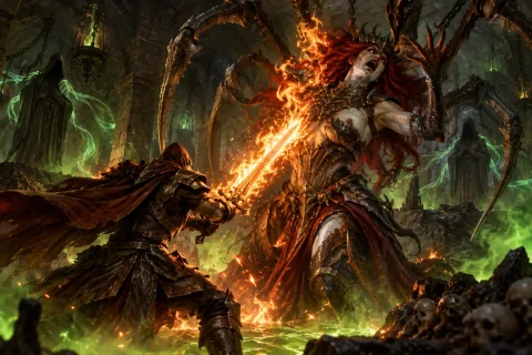 The hero defeats Andariel, the Maiden of Anguish, in the toxic Catacombs.